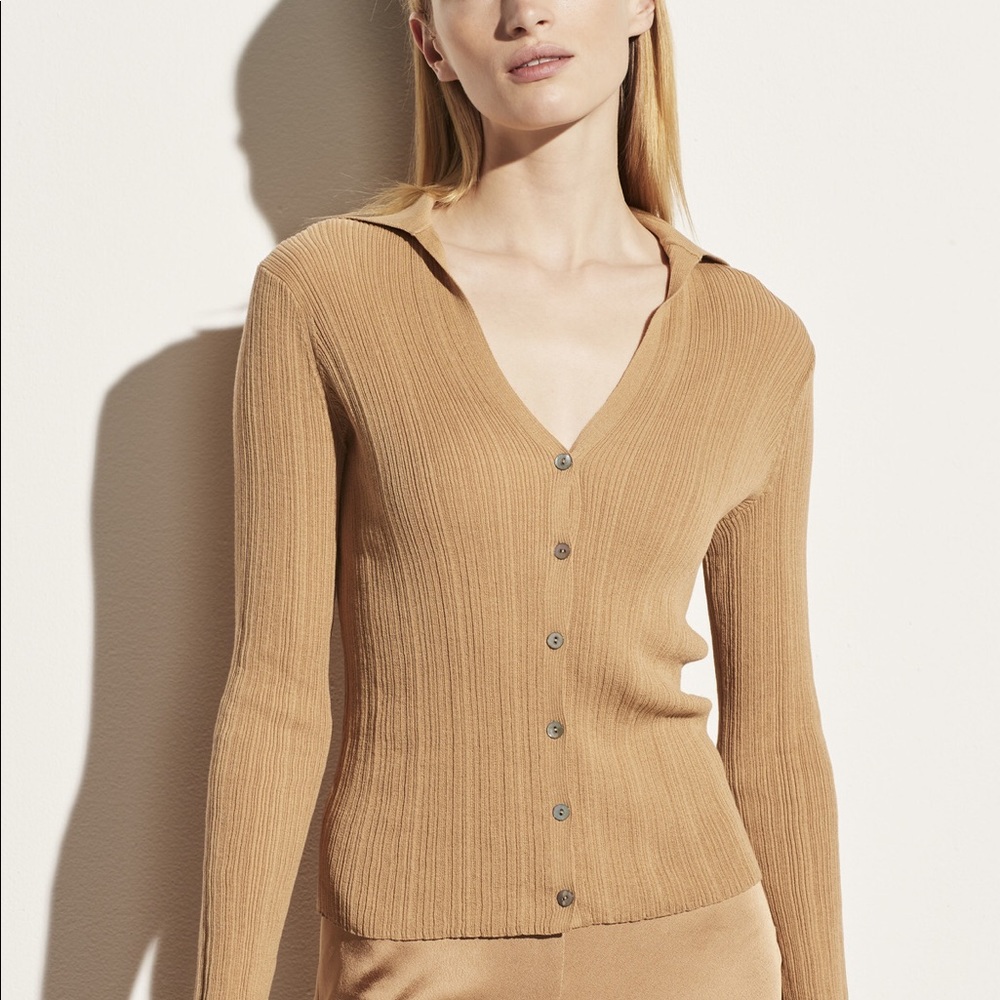 NWT Vince Ribbed Polo-Collar Cardigan Brown Size XXS